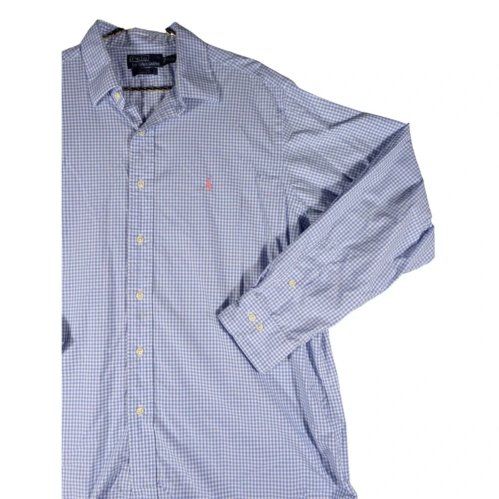 Polo Ralph Lauren Men's XL 17.5 Gingham Button Down Shirt Blue White Classic Fit